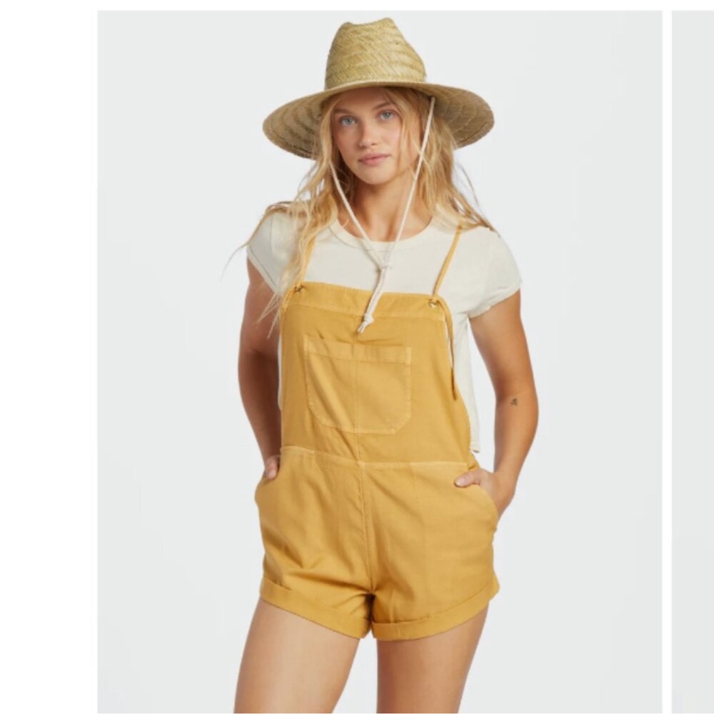 Billabong “Wild Pursuit” wild honey yellow overalls shortalls romper shorts